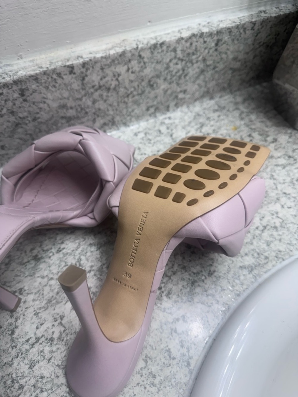 Bottega Veneta Lilac Woven Square-Toe High Heel Mules - Picture 3 of 3